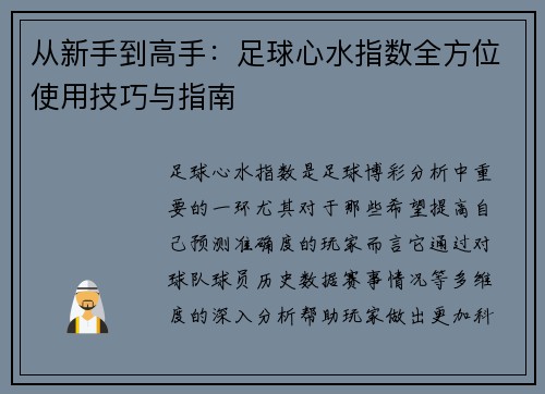 从新手到高手：足球心水指数全方位使用技巧与指南